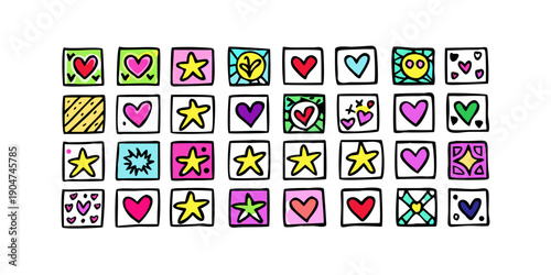 Assorted colorful buttons arranged in a grid pattern on a white background. Vector