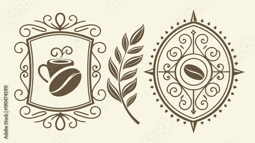 Vintage coffee shop labels with ornate frames featuring coffee beans and steaming cups