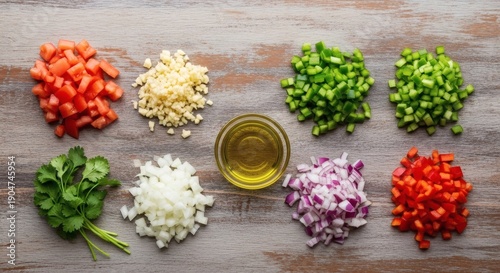Fresh vegetables and herbs for sofrito cooking on rustic wooden table top view natural light perfect for National Sofrito Day