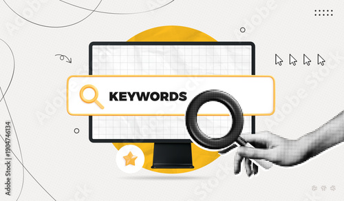 Trendy Halftone Collage Keyword Search. Hand holding magnifying glass to search website content by keywords. SEO marketing and advertising. Online Discovery. Contemporary vector illustration art
