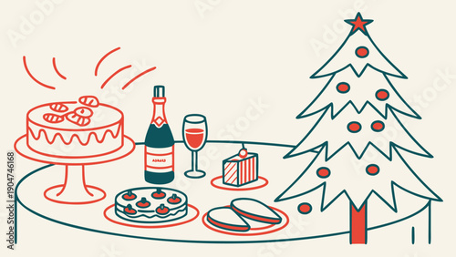 Festive holiday dinner table with a decorated christmas tree, champagne, and delicious cakes.