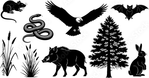 Set of black forest wildlife silhouettes including eagle wild boar snake bat and rabbit with pine tree and grass nature elements