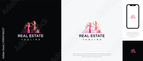 Real Estate Logo Design with Cityscape and Phone Mockup.