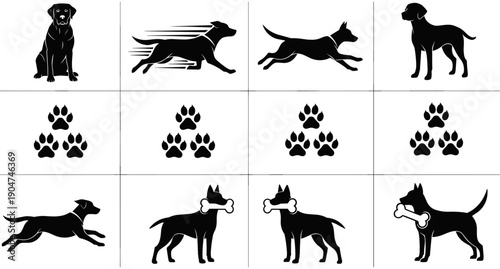 Set of black dog silhouettes in various poses including running jumping and sitting with paw print icons and bone illustrations