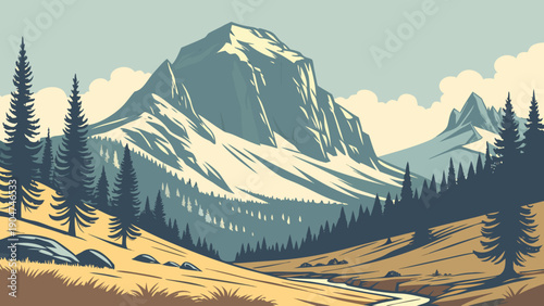 Pixel art landscape of a majestic snow capped mountain peak surrounded by pine trees