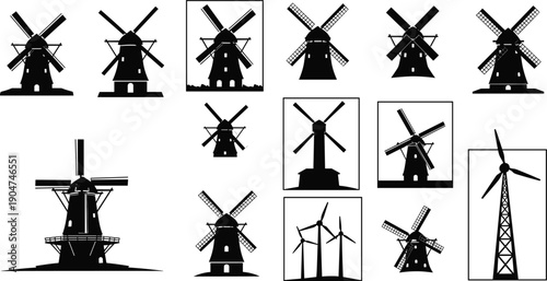 Windmill silhouettes collection, traditional windmill structures, modern wind turbines, renewable energy, eco power, rural architecture, historic windmills, sustainable design