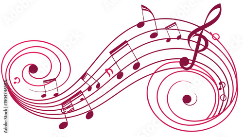 Elegant musical staff with notes forming a graceful wave and spiral design in maroon ink.