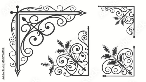 Set of vintage decorative corner ornaments with elegant scrollwork and floral designs