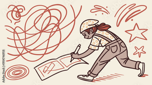 A girl wearing a headscarf and overalls leans forward to draw in a sketchbook surrounded by red chaotic scribbles on a pale cream background.