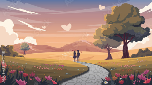 Romantic silhouette couple holding hands walking on a stone path. Through a flower field at sunset with heart shaped clouds and mountains Valentines Day concept. for banner background.