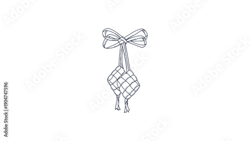A line art illustration of two Ketupat, showing the intricate woven pattern and a decorative ribbon on top.