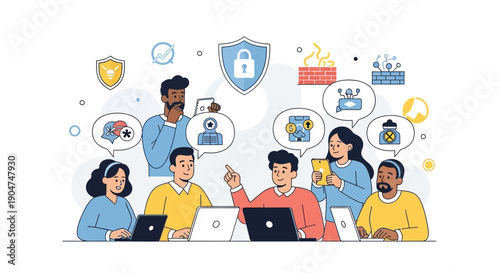 A diverse group of people working together on laptops with cybersecurity icons and symbols surrounding them in a colorful illustration promoting online safety awareness on Safer Internet