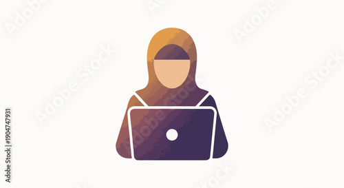 Muslim woman wearing hijab working on a laptop computer, modern flat icon design, concept of education, business, and technology