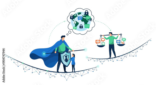 A vector illustration of a man in a blue cape holding a shield and sword stands protectively beside a child, symbolizing online safety awareness on Safer Internet Day against a clean white