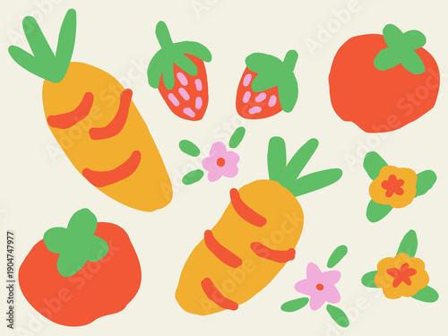 Hand drawn illustration featuring carrots, tomatoes, strawberries, and small flowers as separate decorative elements inspired by farmers market and fresh produce themes.