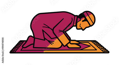 Illustration of a Muslim man praying on a prayer mat, performing the act of prostration (Sujud) during Islamic prayer, religious devotion.
