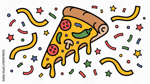 A colorful vector illustration of a slice of pizza surrounded by festive confetti and stars