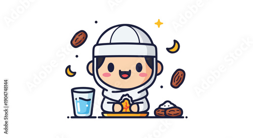 Cute Muslim character celebrating Ramadan Iftar with dates and water, a joyful illustration of breaking fast during the holy month.