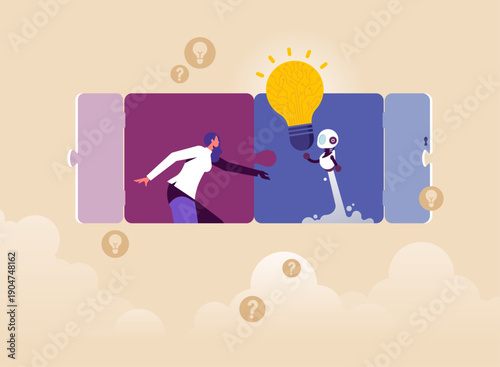 AI support for work concept, robot holding light bulb presents an idea to a woman through a jigsaw puzzle, human and Artificial intelligence collaboration in innovation