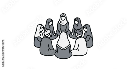 Illustration of Muslim women in hijabs gathered in a circle for a discussion, meeting, or support group, emphasizing community and connection.