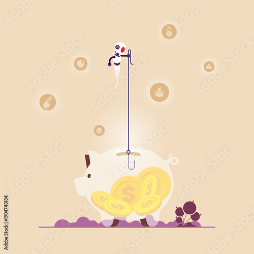 Scam stealing money from online banking application, cyber crime, phishing or financial threat concept
AI or robot stealing coins from a piggy bank with metal hook