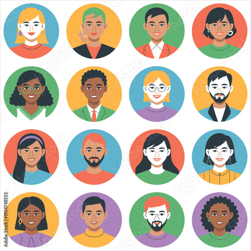 Diverse People Avatars Set, Round Portraits, Flat Design, Vector Illustration