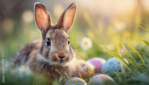 Niedlicher Osterhase mit bunten Ostereiern auf Frühlingswiese – süßes Kaninchen im warmen Sonnenlicht, Natur, Frühling und Osterstimmung