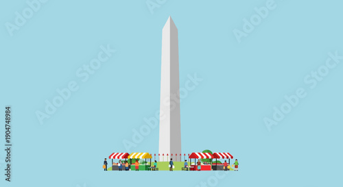 Washington Monument illustration with local market stalls and vendors set against a pale blue sky, celebrating community and public spaces