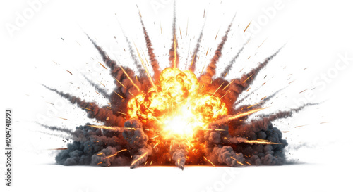 Explosion with orange flames and gray smoke isolated on white background destructive blast transparent background