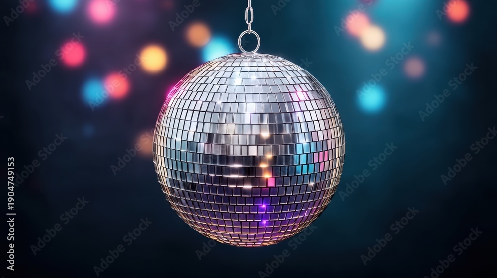 Obraz premium Captivating Close-Up of a Silver Disco Ball with Sparkling Reflections Against a Colorful Background