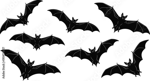 Spooky flying bats silhouette set, halloween vampire bat icons, nocturnal animal colony, scary wings decoration, black flat vector illustration, cad drawing flat vector illustration