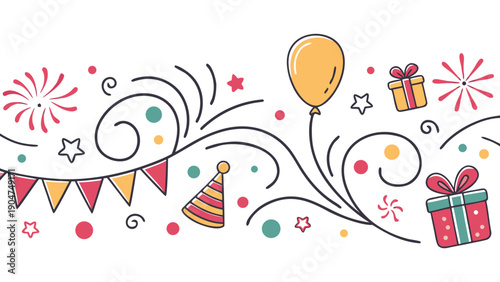 Festive party doodle border with colorful balloons gifts and stars on white background