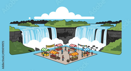 Niagara Falls Marketplace - An Idyllic Isometric Illustration of Outdoor Stalls and Fresh Produce Amidst Scenic Natural Beauty