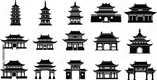 Traditional Asian temple and pagoda silhouette set, oriental building icons, Chinese and Japanese architecture elements, ancient palace gate vector illustration, cad drawing flat vector illustration
