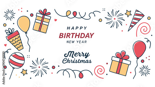 Colorful festive banner with birthday new year and merry christmas greetings and icons.