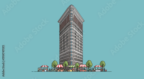 Iconic Triangular Skyscraper with a Vibrant Street Market Below, Showcasing Urban Life and Commerce Against a Clear Blue Sky Background