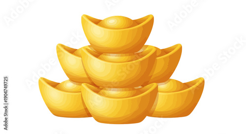 Vector illustration of a stack of golden yuanbao or Chinese gold ingots in a pyramid shape with red and gold tones on a white background.