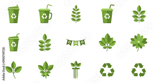 Eco friendly icons set with recycling symbol and green leaves on white background for sustainable living and environment conservation