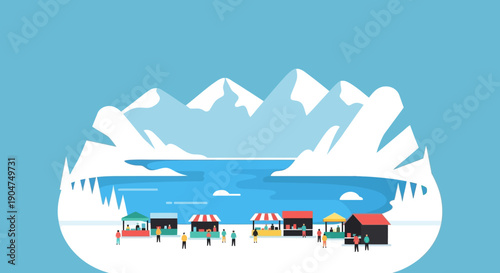 A picturesque winter village scene featuring a frozen lake surrounded by snow-capped mountains and small market stalls, with people browsing in the crisp, cool air