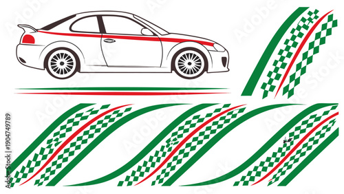 A side view of a white sports car is displayed alongside various curved racing stripe decals featuring green and red colors and checkered patterns.