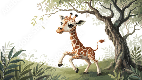 A cartoon giraffe running in a natural outdoor setting with trees and plants