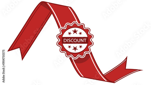 Red ribbon banner with a decorative discount seal for promotional marketing and sales events