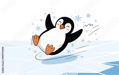 A happy cartoon penguin ice skating on a frozen pond with snowflakes falling around it