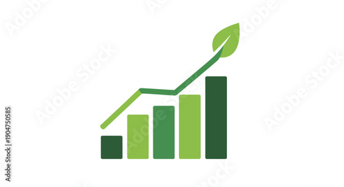 Green bar chart with leafy upward trend line indicating growth and progress in business or finance