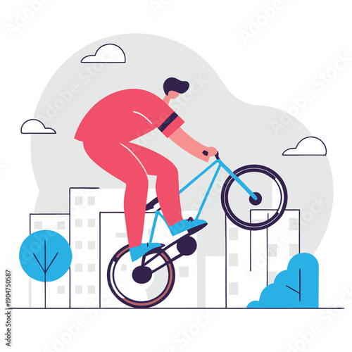 Freestyle Bike Tricks in Urban Scene: Vector Illustration for Extreme Sports and City Lifestyle, Featuring a Single Wheel Stunt