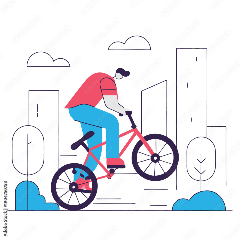 Naklejka premium Urban BMX Riding: Vector Illustration of a Bike Rider Performing Tricks in City with Minimalist Design, Featuring Street Elements