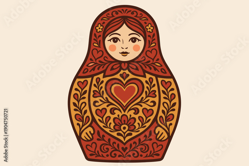 Illustration of a Russian matryoshka doll with intricate patterns and a heart design