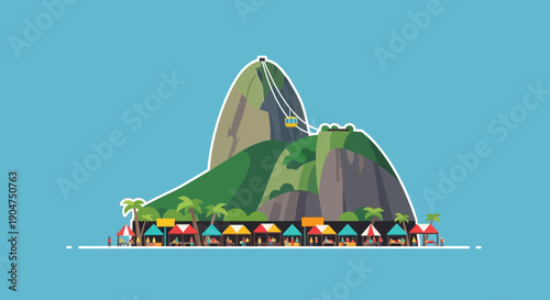 Colorful tropical beach huts and cable car on a green mountain, a vibrant illustration depicting a dream vacation destination with clear blue skies and palm trees