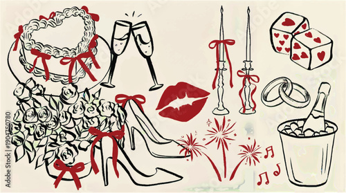 Valentines Day celebration themed doodle illustrations with red and black elements