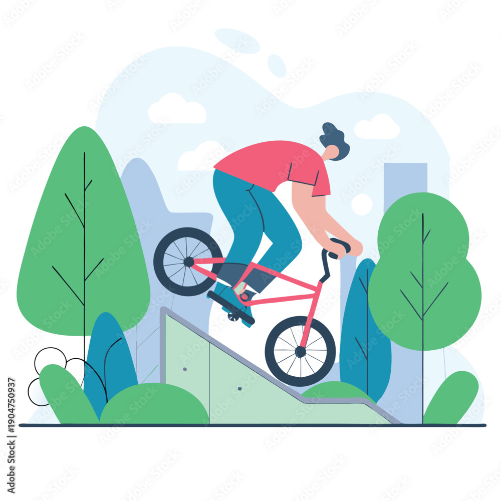 Obraz premium BMX Biking on Ramp Vector Graphic: Illustration Featuring Bike Rider Performing Stunts in Outdoor Park, Perfect for Action Designs